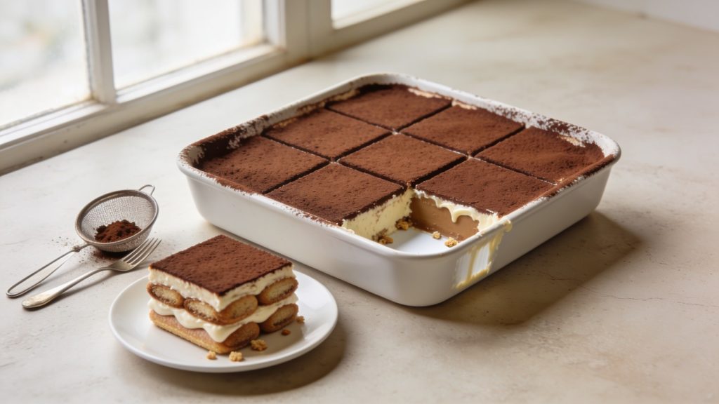 Square dish of tiramisu cut into nine, one square lifted onto a small plate showing two layers of coffee-soaked ladyfingers alternating with two layers of mascarpone cream, the top dusted with cocoa and one corner of the dish empty