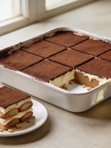 Square dish of tiramisu cut into nine, one square lifted onto a small plate showing two layers of coffee-soaked ladyfingers alternating with two layers of mascarpone cream, the top dusted with cocoa and one corner of the dish empty