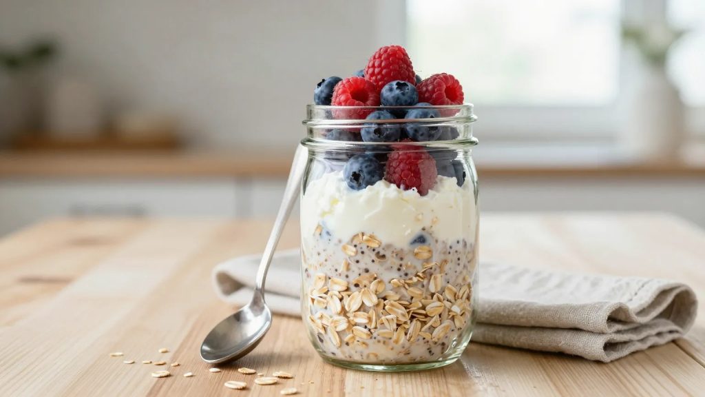 overnight oats with cottage cheese and berries in a glass jar