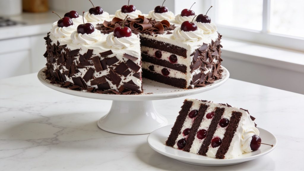 Black Forest cake with four chocolate sponge layers, whipped cream, sour cherries and chocolate shavings, one slice cut and plated