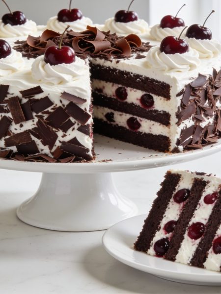 Black Forest cake with four chocolate sponge layers, whipped cream, sour cherries and chocolate shavings, one slice cut and plated