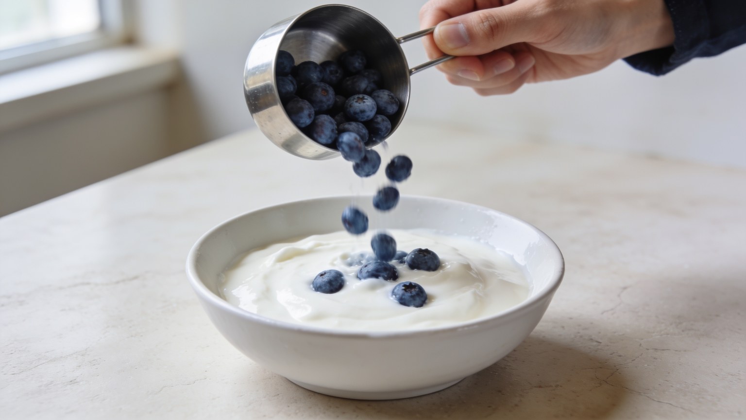 A hand tipping a measuring cup of fresh blueberries into a white bowl of plain yogurt on a pale stone counter