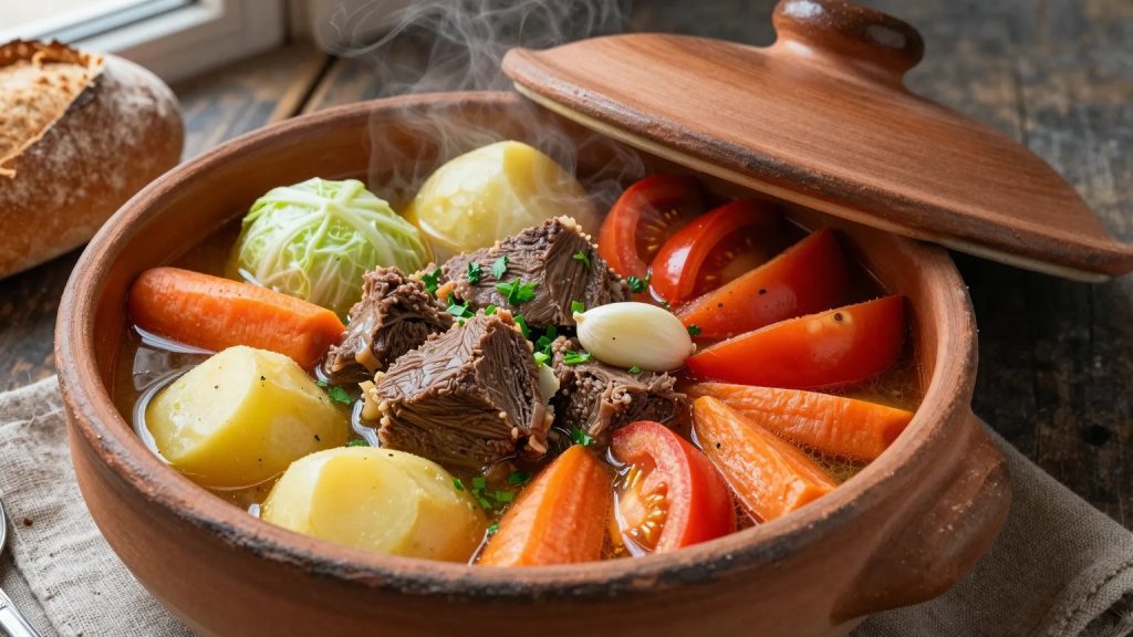 Bosanski lonac - Bosnian pot stew with beef, cabbage wedges, potatoes and carrots in a clay pot