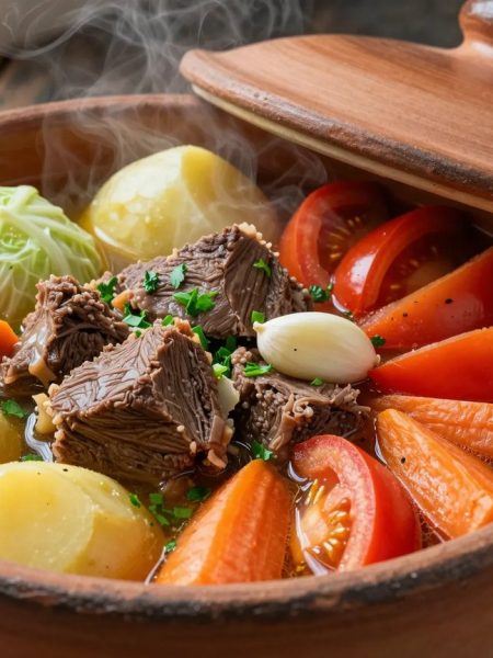 Bosanski lonac - Bosnian pot stew with beef, cabbage wedges, potatoes and carrots in a clay pot
