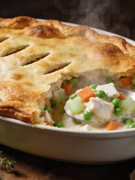 Chicken pot pie with a golden puff pastry top, one portion served showing chicken, carrots, celery and peas in a creamy sauce
