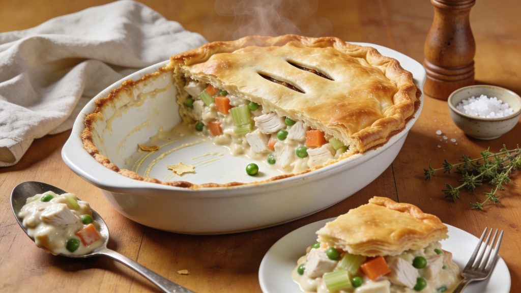 Chicken pot pie in a white oval dish with a golden puff pastry lid, one portion served out showing a thick filling of chicken, carrot, celery and peas