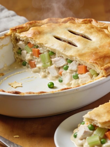 Chicken pot pie in a white oval dish with a golden puff pastry lid, one portion served out showing a thick filling of chicken, carrot, celery and peas