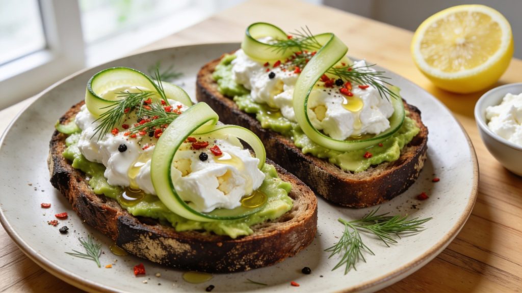 Cottage cheese toast with avocado, cucumber ribbons, dill and chili flakes on toasted sourdough