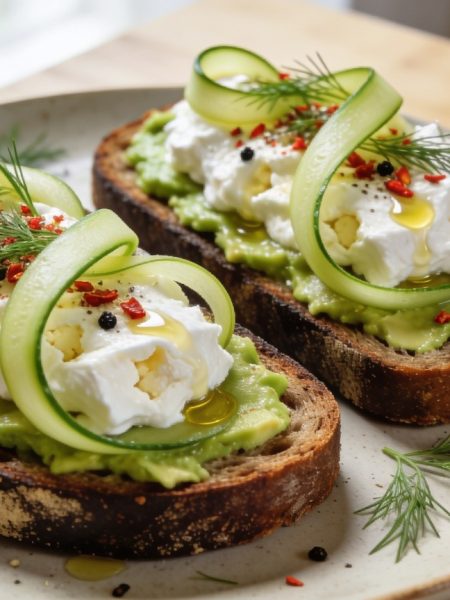 Cottage cheese toast with avocado, cucumber ribbons, dill and chili flakes on toasted sourdough