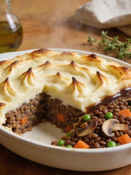 Lentil shepherds pie in a white dish with a forked browned potato top, one portion served out showing a thick filling of lentils, mushrooms, carrots and peas holding its shape