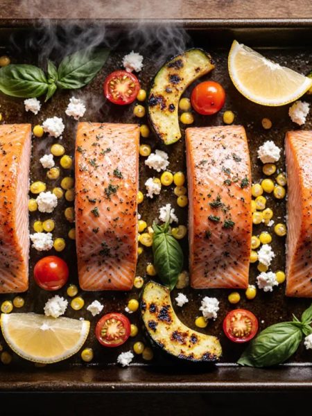 Sheet pan salmon with corn, zucchini and tomatoes — four roasted salmon fillets with charred corn, zucchini and burst cherry tomatoes, topped with feta and basil