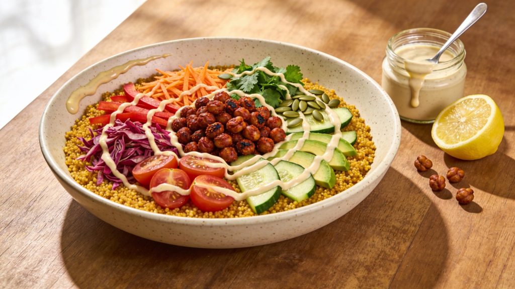 Quinoa bowl with turmeric-yellow quinoa, spiced roasted chickpeas, red bell pepper, shredded red cabbage, grated carrot, cherry tomatoes, cucumber and avocado, drizzled with lemon-tahini dressing, a jar of the dressing and half a lemon beside it