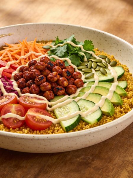 Quinoa bowl with turmeric-yellow quinoa, spiced roasted chickpeas, red bell pepper, shredded red cabbage, grated carrot, cherry tomatoes, cucumber and avocado, drizzled with lemon-tahini dressing, a jar of the dressing and half a lemon beside it