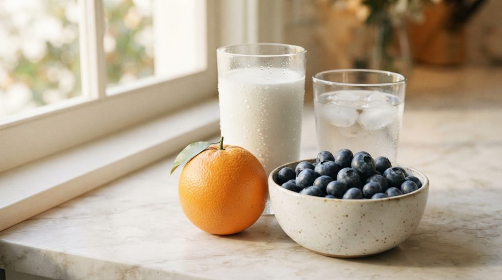a glass of milk, a glass of iced water, a whole orange and a bowl of blueberries on a marble counter