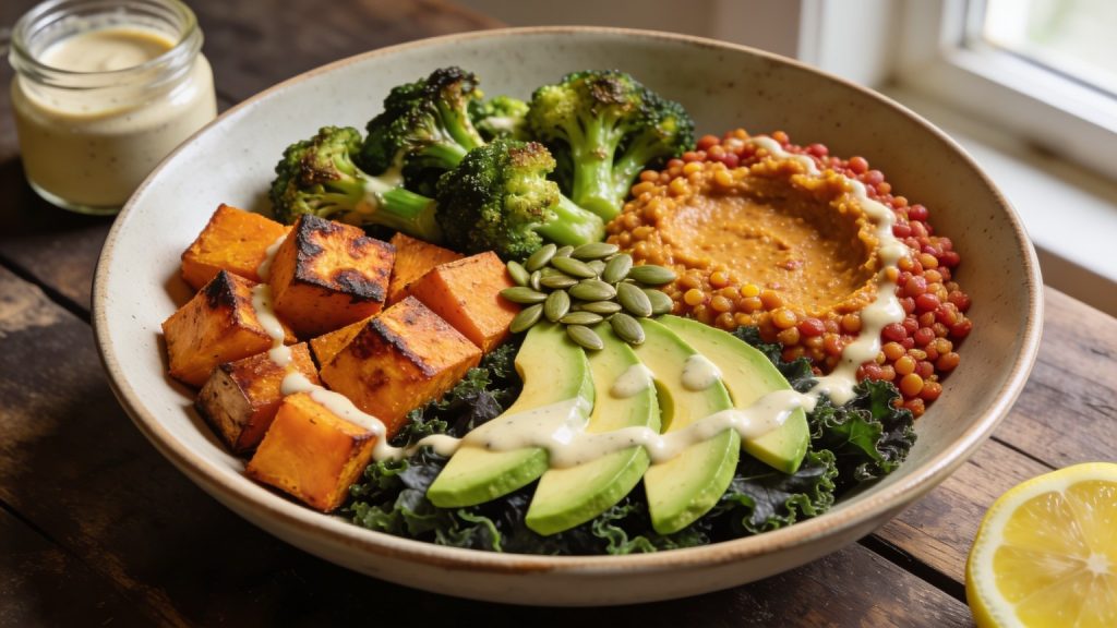 Sweet potato Buddha bowl with red lentils, roasted broccoli, massaged kale, avocado and lemon-tahini dressing