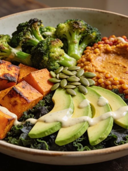 Sweet potato Buddha bowl with red lentils, roasted broccoli, massaged kale, avocado and lemon-tahini dressing