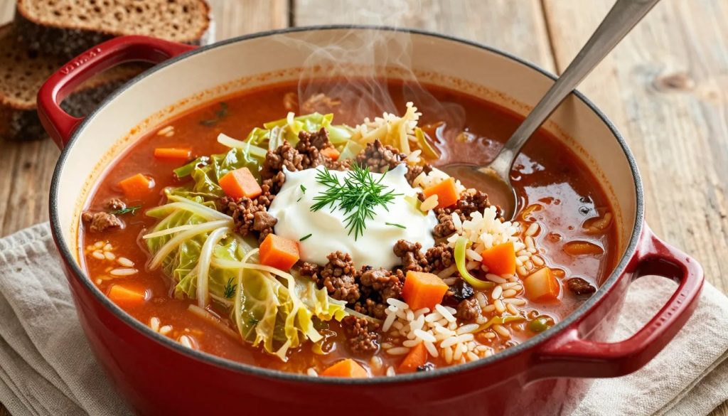 Unstuffed cabbage roll soup with beef and rice in a red Dutch oven, topped with sour cream and fresh dill