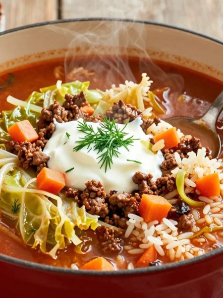 Unstuffed cabbage roll soup with beef and rice in a red Dutch oven, topped with sour cream and fresh dill