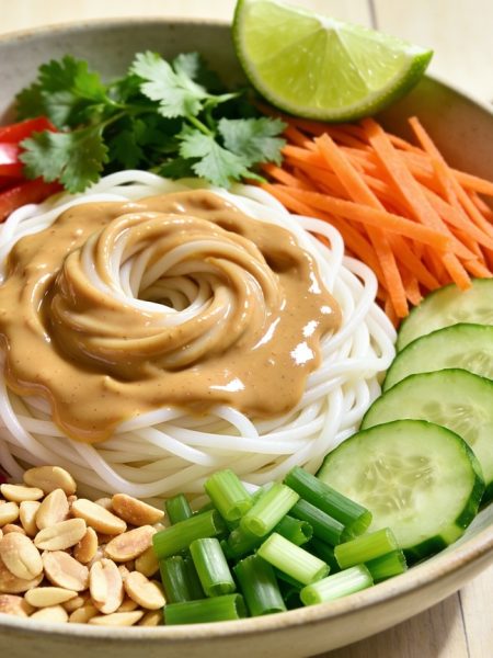 Gluten-free peanut noodles in a wide bowl: thin round rice noodles with a swirl of peanut sauce spooned on top, ringed by red bell pepper, carrot, cucumber, red cabbage, scallions, peanuts, cilantro and a lime wedge.