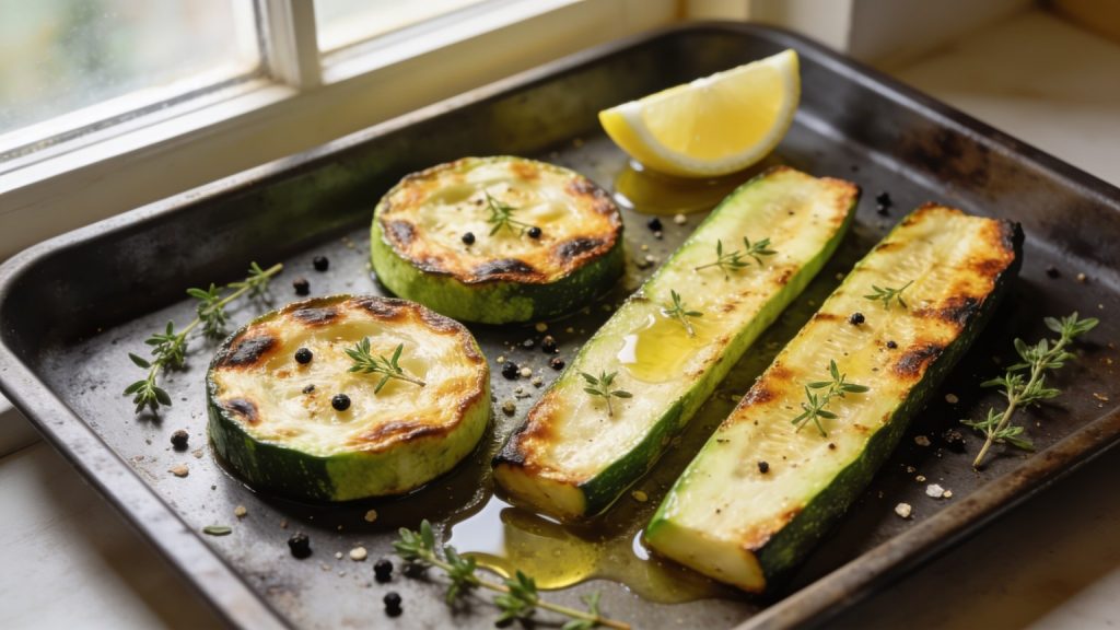 roasted zucchini rounds and planks on a sheet pan with thyme and lemon