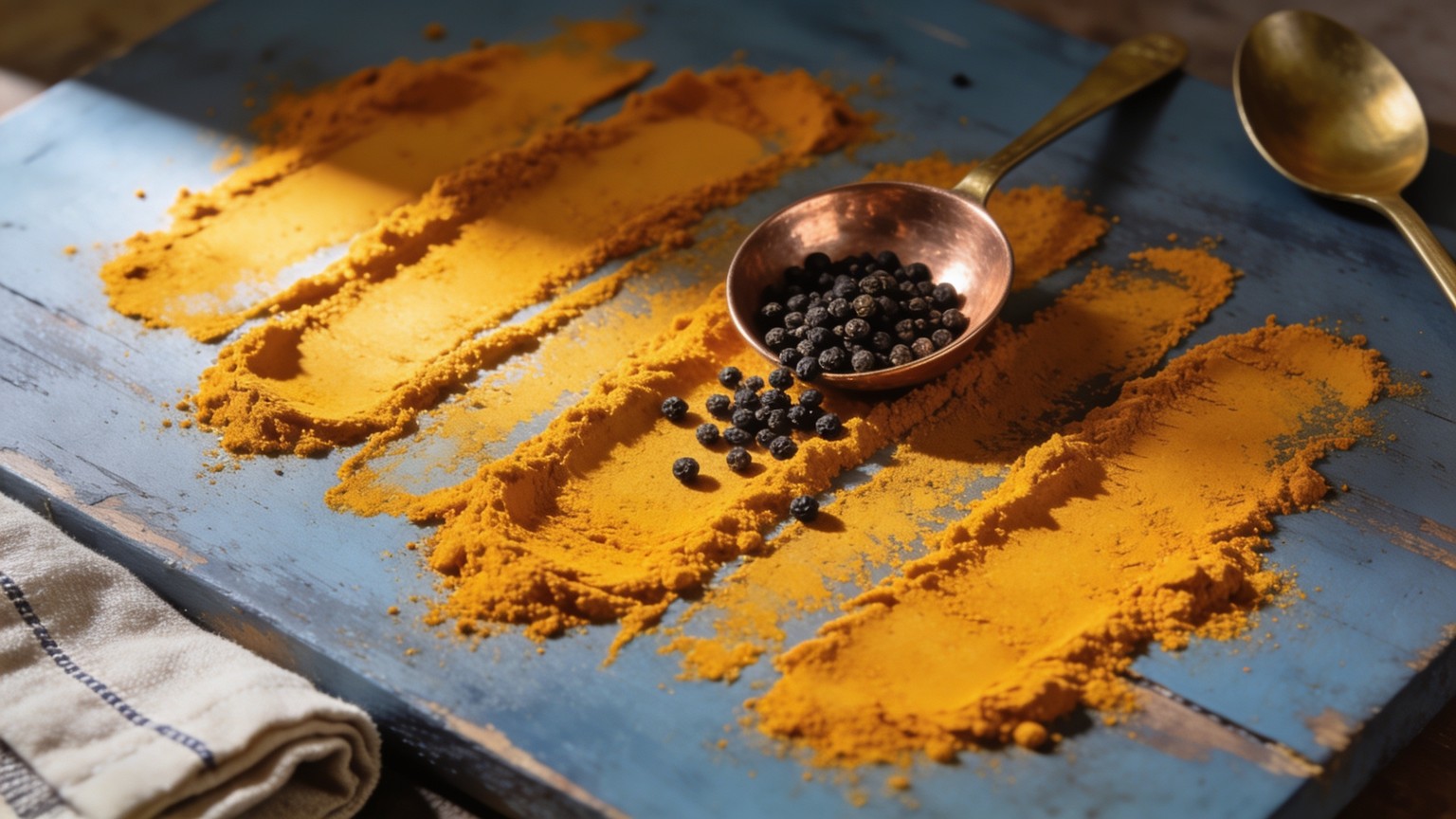 ground turmeric streaked across a blue-gray board beside a brass spoon and a copper ladle of black peppercorns