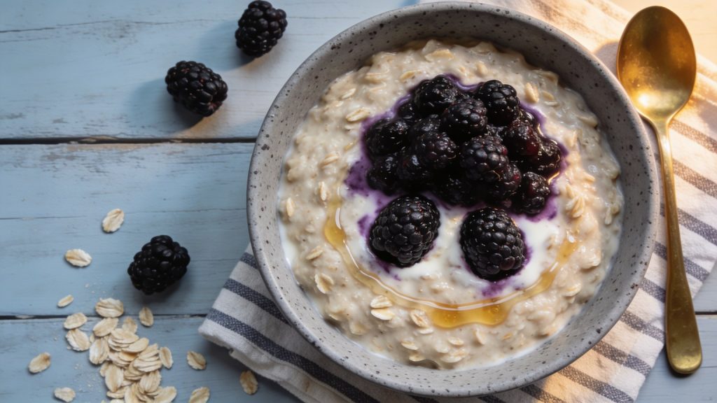 a cup of fresh blackberries spooned over creamy oatmeal in a white bowl, answering how many blackberries a day fits into breakfast