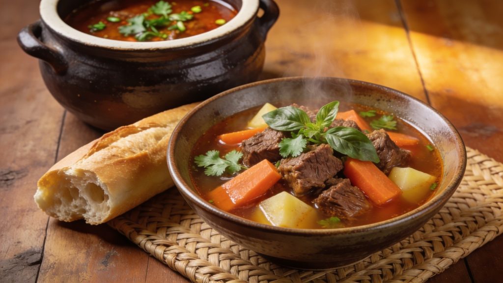 vietnamese beef stew bo kho: braised beef, carrots and potatoes in reddish broth with herbs, baguette and clay pot behind