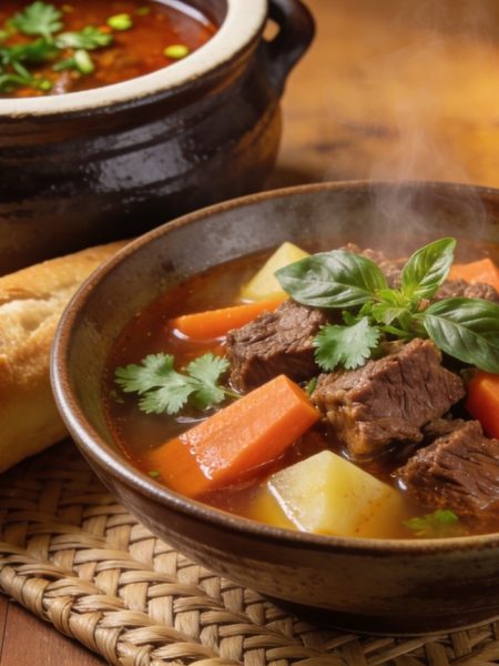 vietnamese beef stew bo kho: braised beef, carrots and potatoes in reddish broth with herbs, baguette and clay pot behind