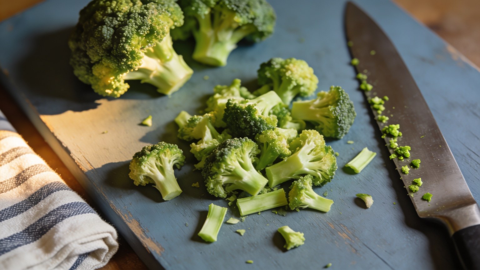 Chopped raw broccoli florets and a knife on a blue-gray board, left to rest before cooking so myrosinase can work