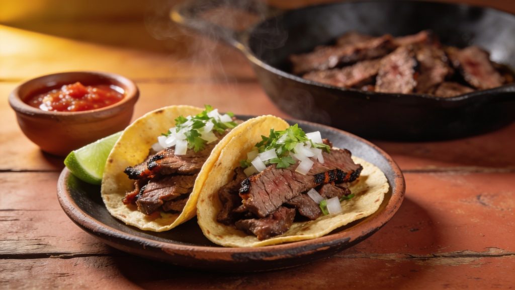 authentic mexican tacos: two carne asada street tacos on corn tortillas with onion and cilantro, salsa and lime beside