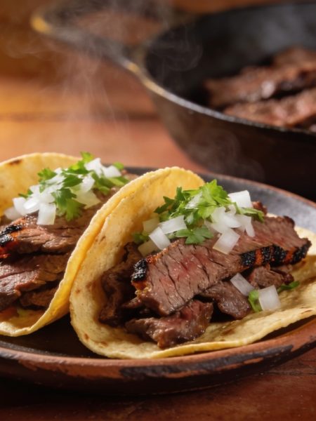 authentic mexican tacos: two carne asada street tacos on corn tortillas with onion and cilantro, salsa and lime beside