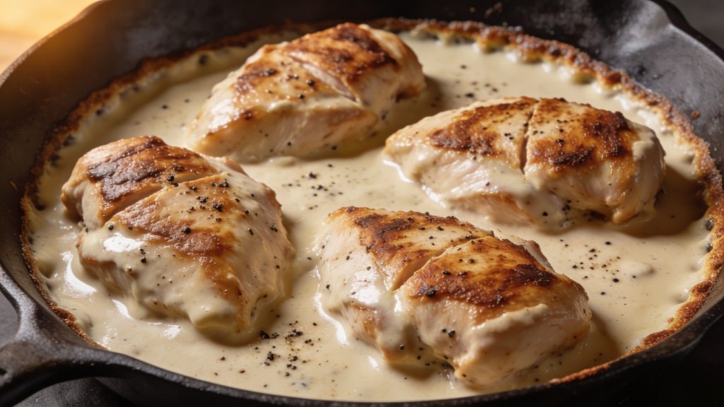 Chicken au poivre in a cast iron skillet, four seared chicken thighs under a creamy peppercorn sauce flecked with cracked black pepper
