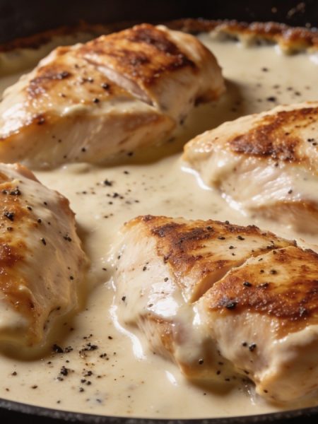 Chicken au poivre in a cast iron skillet, four seared chicken thighs under a creamy peppercorn sauce flecked with cracked black pepper