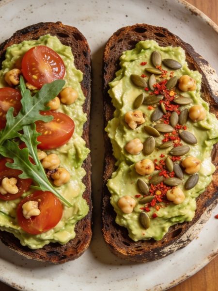 chickpea avocado toast: two sourdough slices with chunky avocado-chickpea smash, one with tomatoes and arugula, one with pumpkin seeds