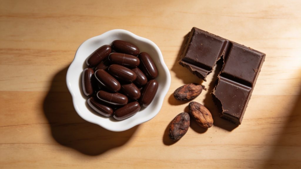 cocoa flavanols in supplement form: a small dish of dark capsules beside a broken bar of dark chocolate and cocoa beans
