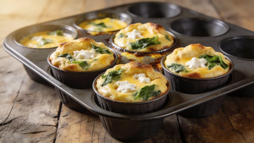 High protein egg muffins with cottage cheese: four golden tops risen above the cups of a dark muffin pan, white curds and green spinach on each.