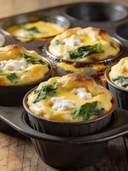 High protein egg muffins with cottage cheese: four golden tops risen above the cups of a dark muffin pan, white curds and green spinach on each.