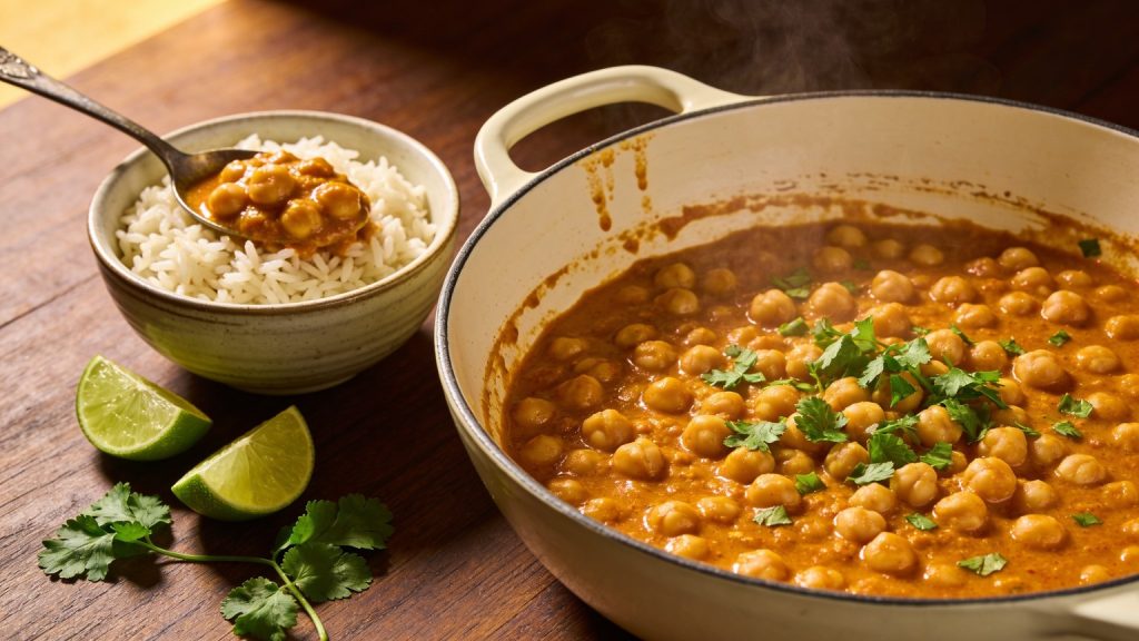 creamy coconut chickpea curry in a cream enamel pan with cilantro, served over basmati rice with lime wedges