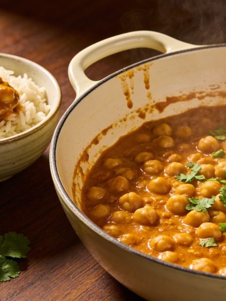 creamy coconut chickpea curry in a cream enamel pan with cilantro, served over basmati rice with lime wedges