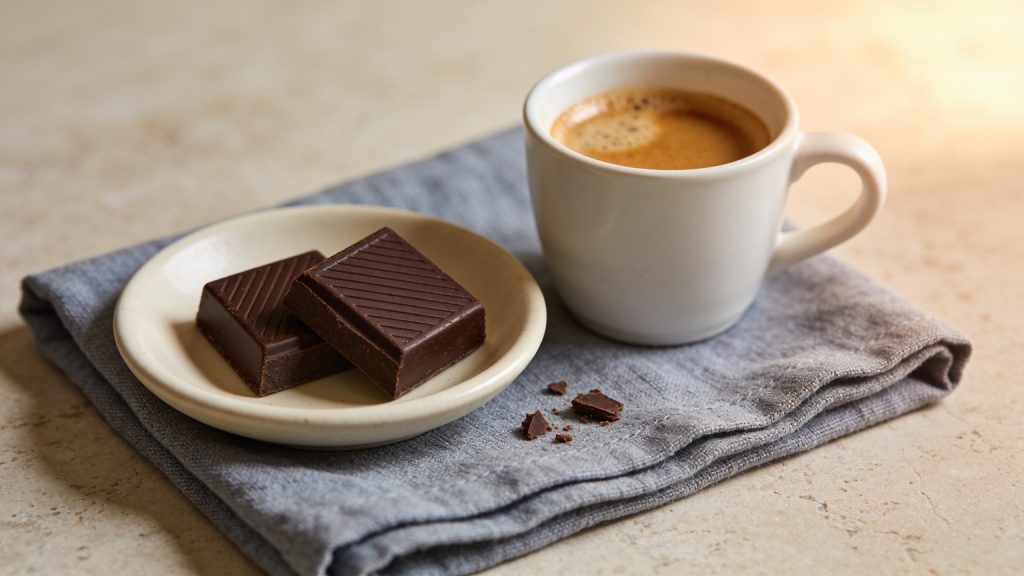 dark chocolate benefits at trial dose: two squares of dark chocolate on a small plate beside an espresso