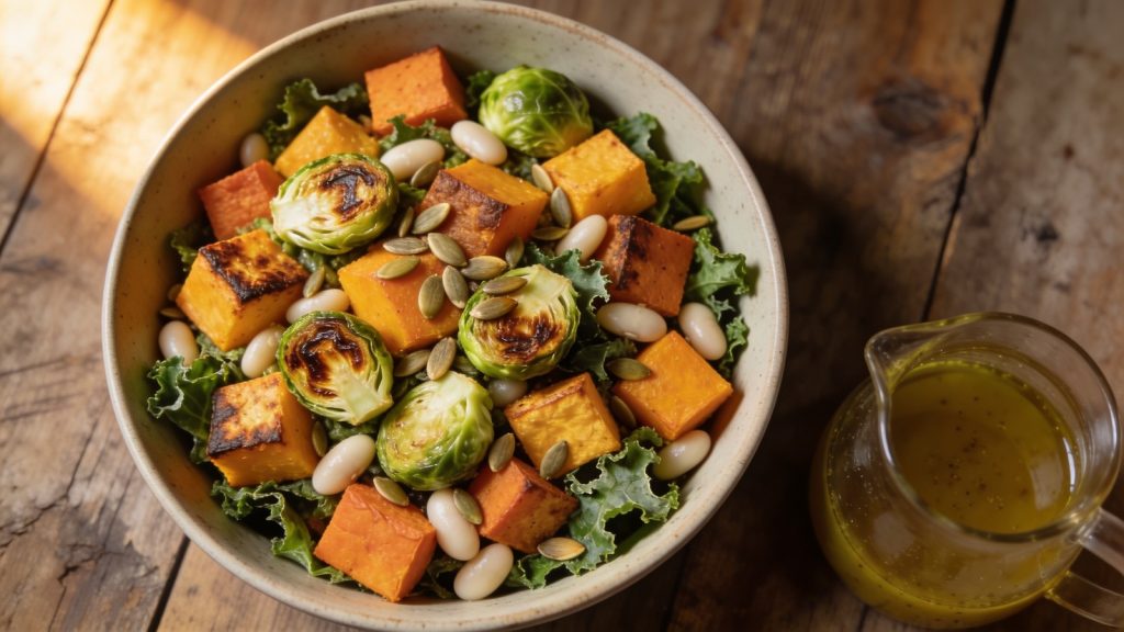 Fall salad with roasted vegetables: butternut squash, sweet potato and halved Brussels sprouts tipped hot over torn kale, with whole white beans and a jug of cider vinaigrette alongside.