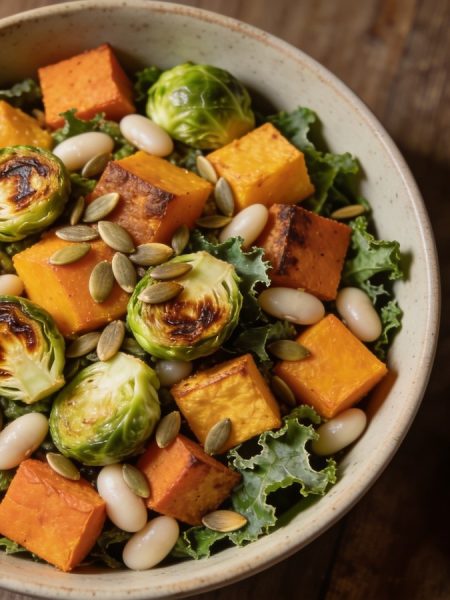 Fall salad with roasted vegetables: butternut squash, sweet potato and halved Brussels sprouts tipped hot over torn kale, with whole white beans and a jug of cider vinaigrette alongside.