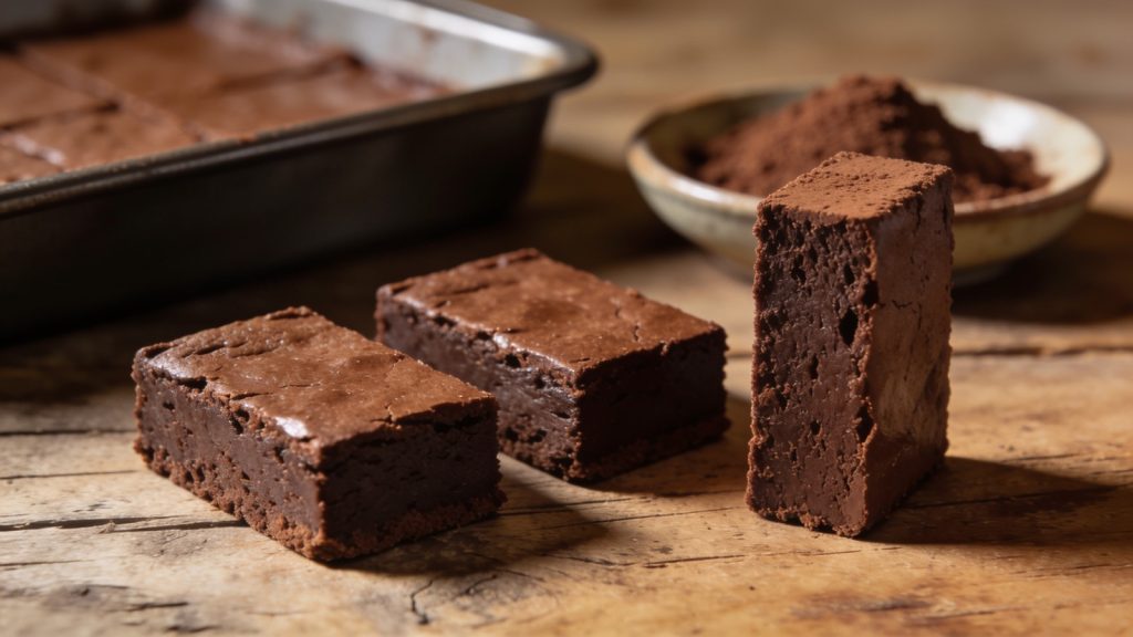 Three fudgy cocoa powder brownies on weathered wood, one on end with a dense cut face and cocoa-dusted top, the cut slab in its pan and a cocoa dish behind