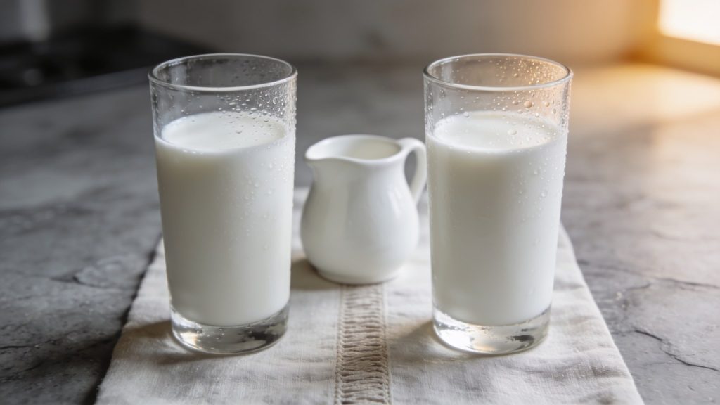 goat milk vs cow milk side by side: two glasses of milk with a small pitcher on a rustic table