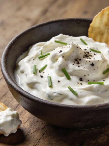 Greek yogurt French onion dip in a dark stoneware bowl, thick with spoon swirls, chives and cracked black pepper on top, ridged potato chips leaning against the bowl