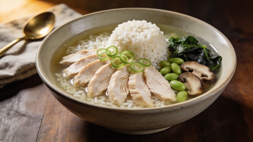 High protein broth bowl in a wide stoneware bowl with sliced poached chicken over rice, edamame, shiitake and wilted spinach in clear beef broth