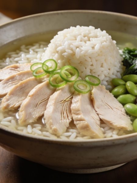 High protein broth bowl in a wide stoneware bowl with sliced poached chicken over rice, edamame, shiitake and wilted spinach in clear beef broth