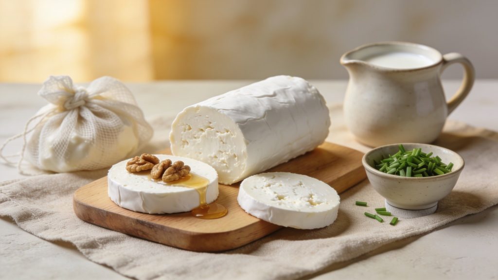 homemade goat cheese: a plain white chevre log with two cut slices, honey and walnuts, chives in a bowl beside, cheesecloth and milk pitcher behind