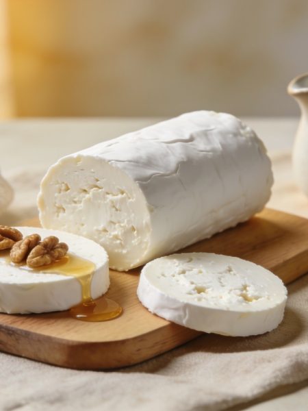 homemade goat cheese: a plain white chevre log with two cut slices, honey and walnuts, chives in a bowl beside, cheesecloth and milk pitcher behind