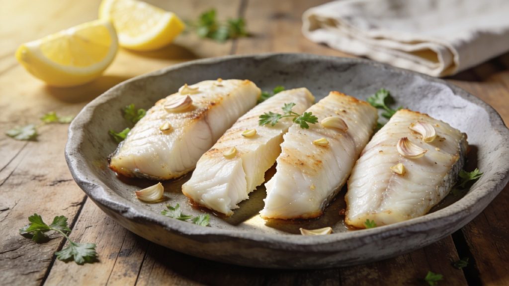 How long to bake cod at 400: four thick baked cod fillets, bright white, with garlic and parsley in a slate-gray stoneware dish, one broken open.